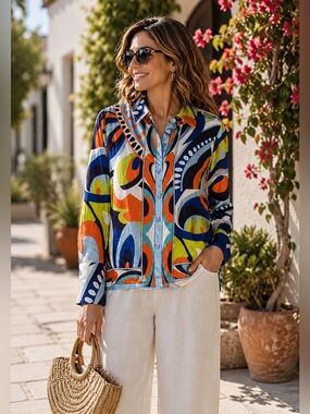 Colorful Pucci Inspired Print Button Down Blouse | Bold Retro Abstract Statement